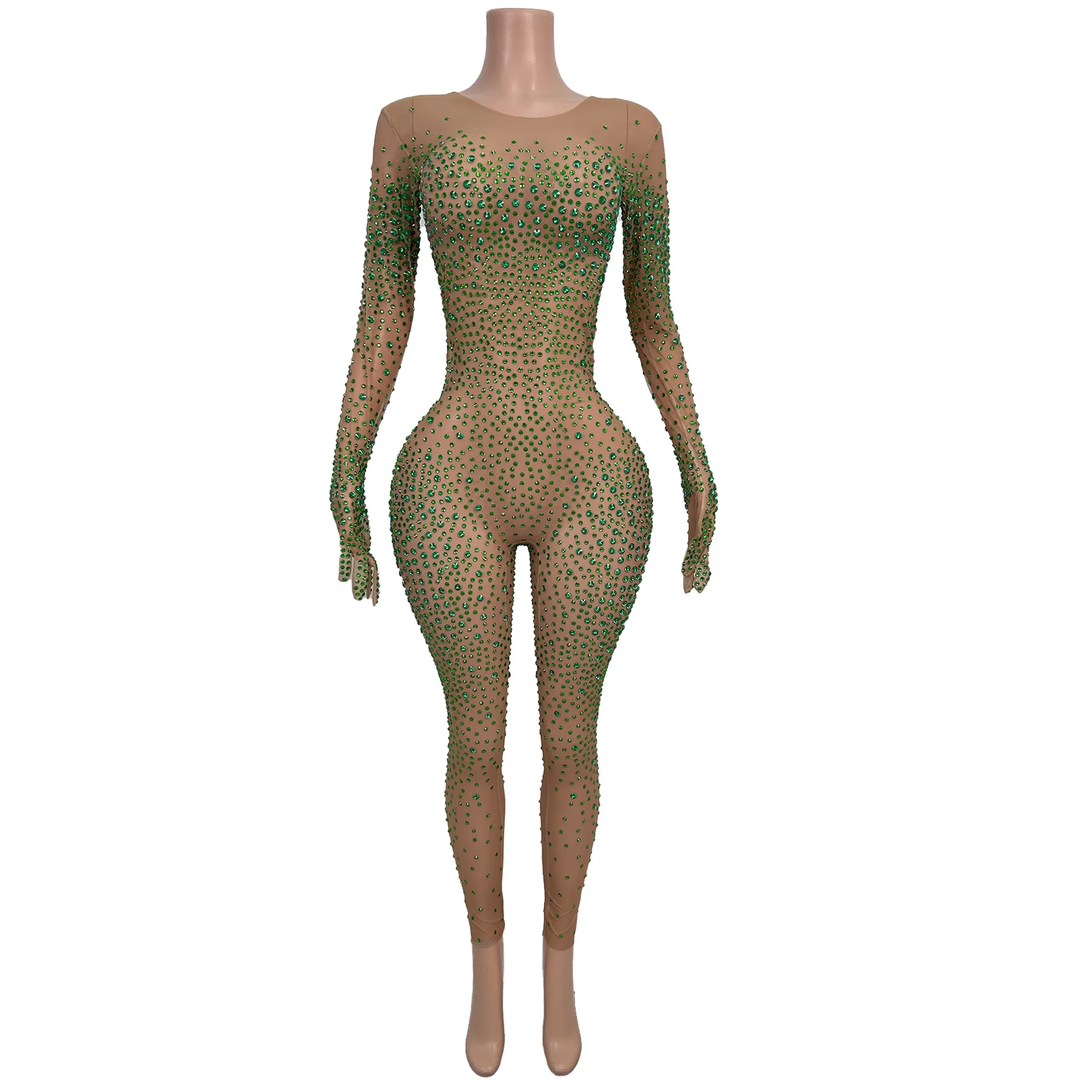 

Tiaotiaotang Luxury Party Jumpsuit Green Rhinestone See Through Mesh Tight Pants Bar Performance Outfit Birthday Cocktail Gowns