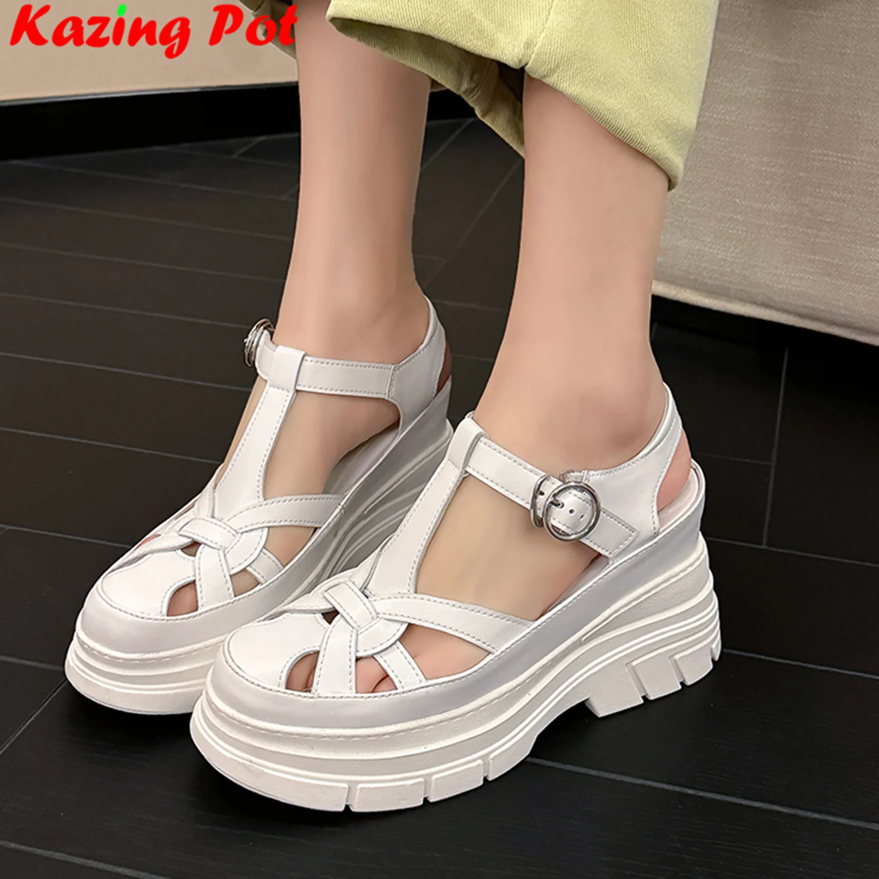 Krazing Pot 12cm Heel Cow Leather Breathable Summer Shoes Super High Casual Office Lady Ins Luxury Modern Platform Women Sandals