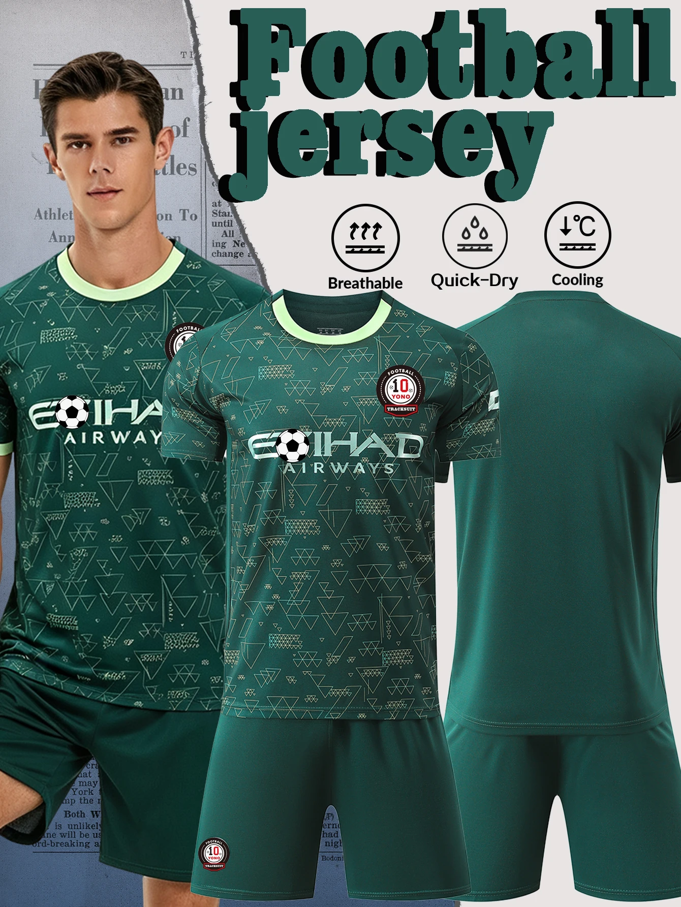 Men's Green Football Jersey Set Short Sleeve Soccer Uniform Quick Dry Breathable Sports Shirt Shorts Kit For Training Match Team