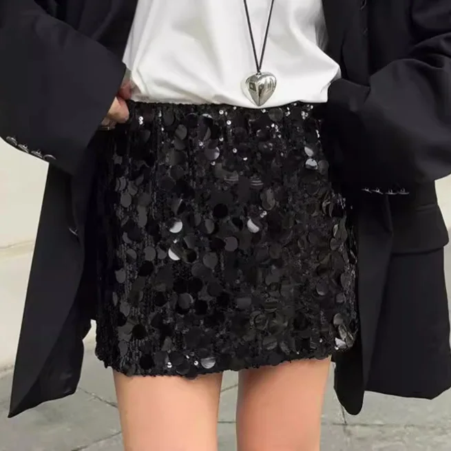 KELLYTOWN Sequined Mini Skirt High-Waisted Bright Black Skirt 2026 Street Chic Y2K Skirts Sexy Bodycon Dancing Clothes for Women