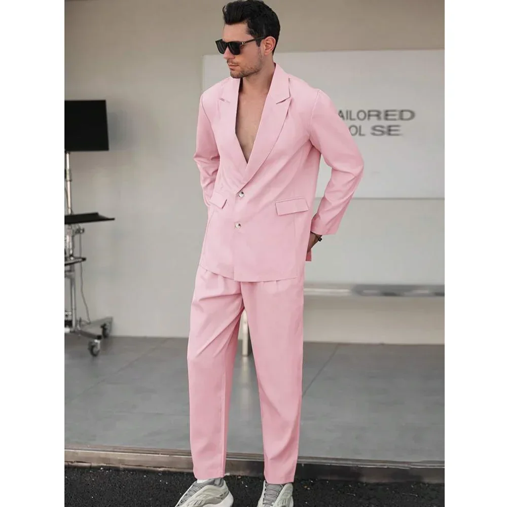 

Pink Peak Lapel Single Breasted Suits for Men Fashion Casual Male Suit Slim Fit Party Wedding Groom Tuxedo 2 Piece Costume Homme