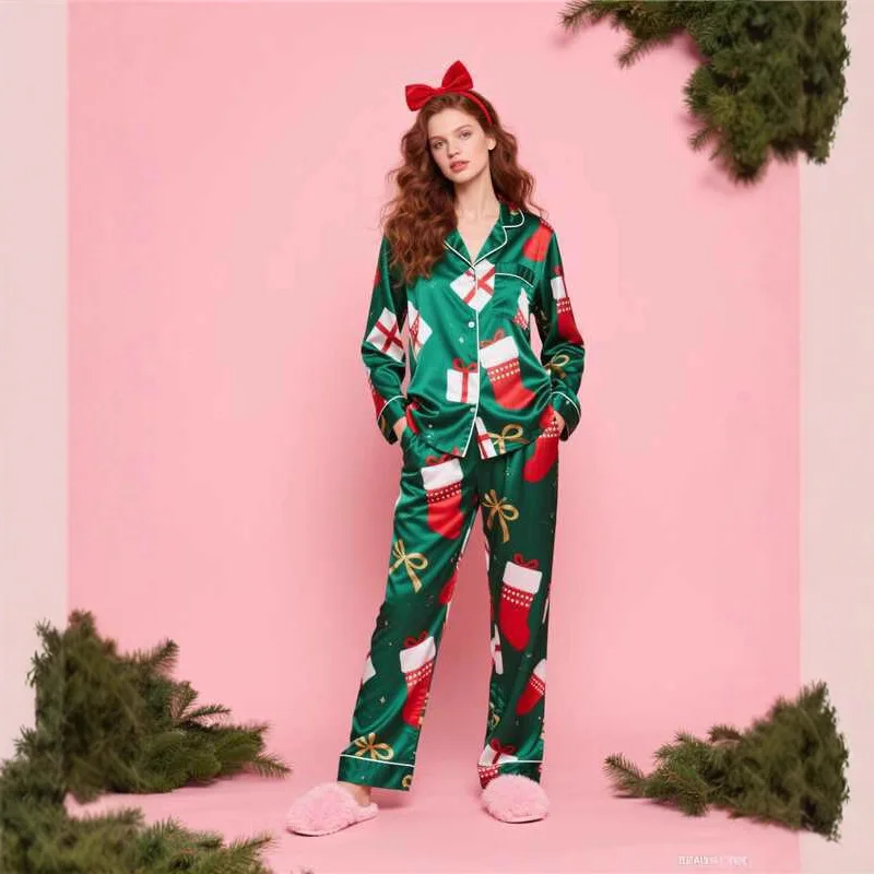 Women Pajama Set Polyester Christmas Gift Sock Print Lapel Long Sleeve Women Pajama Set Satin‑Like Loose Long Pants Two‑Piece