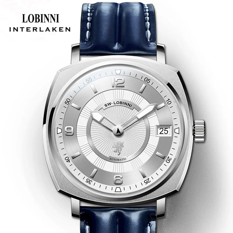 Lobinni reserva de energia 80 horas relógio mecânico automático masculino design quadrado dial vidro safira pulseira couro azul relógios masculinos