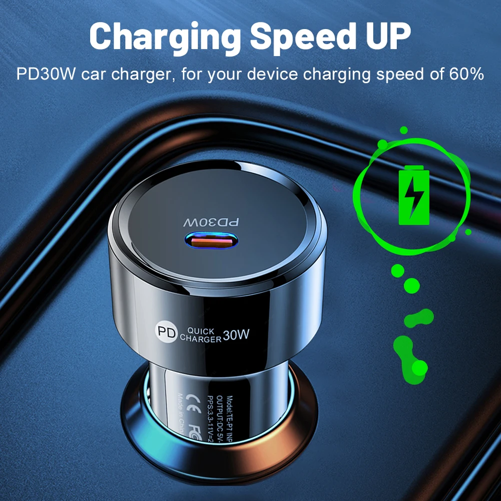 شاحن سيارة PD 30 وات USB من النوع C شاحن هاتف السيارة شحن سريع محول USB-C للسيارة حماية متعددة لهاتف Samsung Huawei Xiaomi