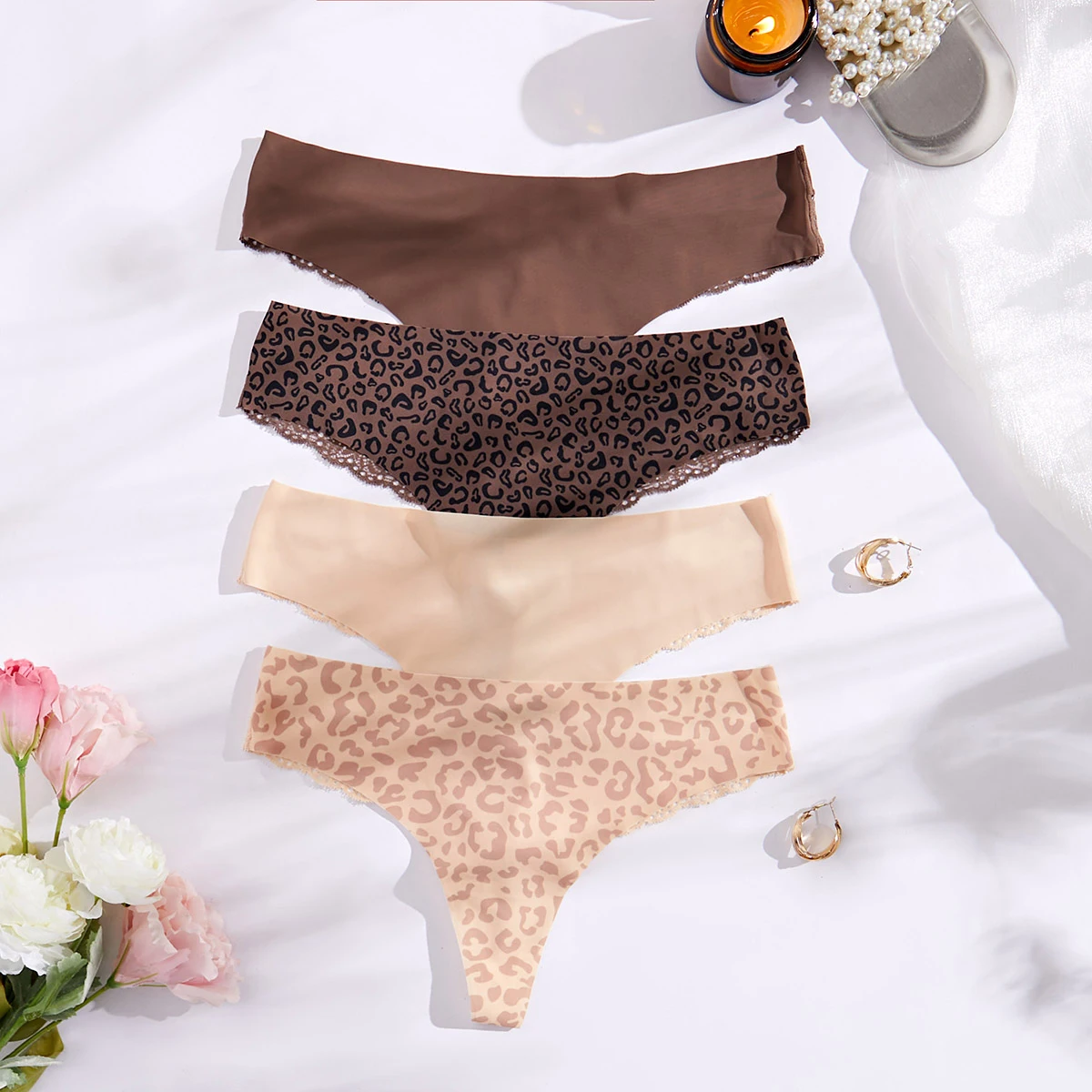 Seamless Women Underwear leopard print Thongs for Women Sexy Seamless Woman G String Panties 4 Pack Set