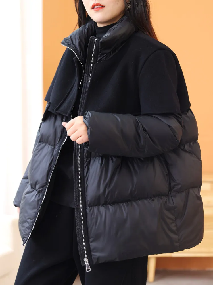 Winter New Women's Down Jacket Windproof Splicing Woolen Coat