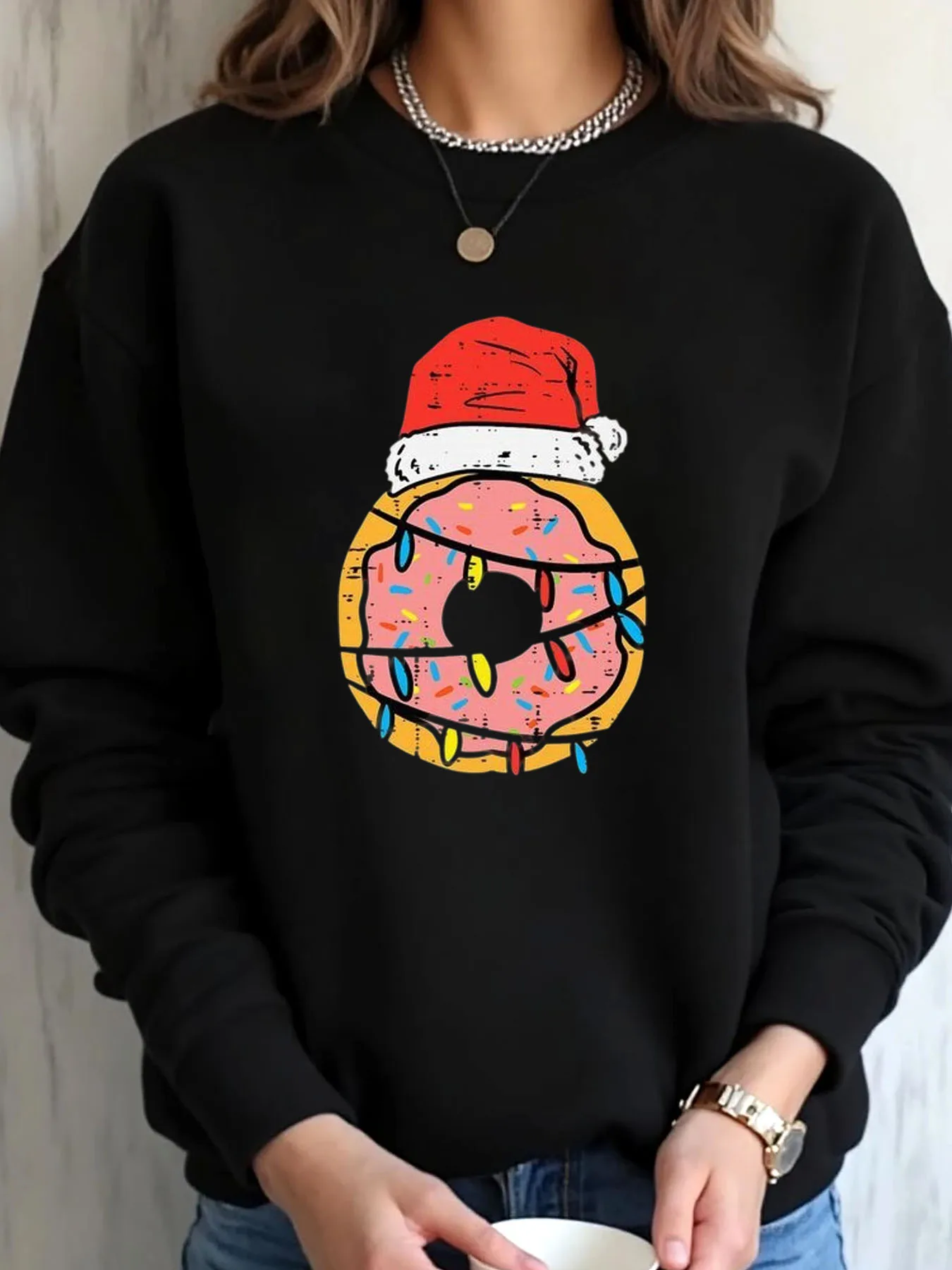 

Женская толстовка большого размера с рождественским пончиком и шляпой Санта-Клауса с принтом, верхняя одежда