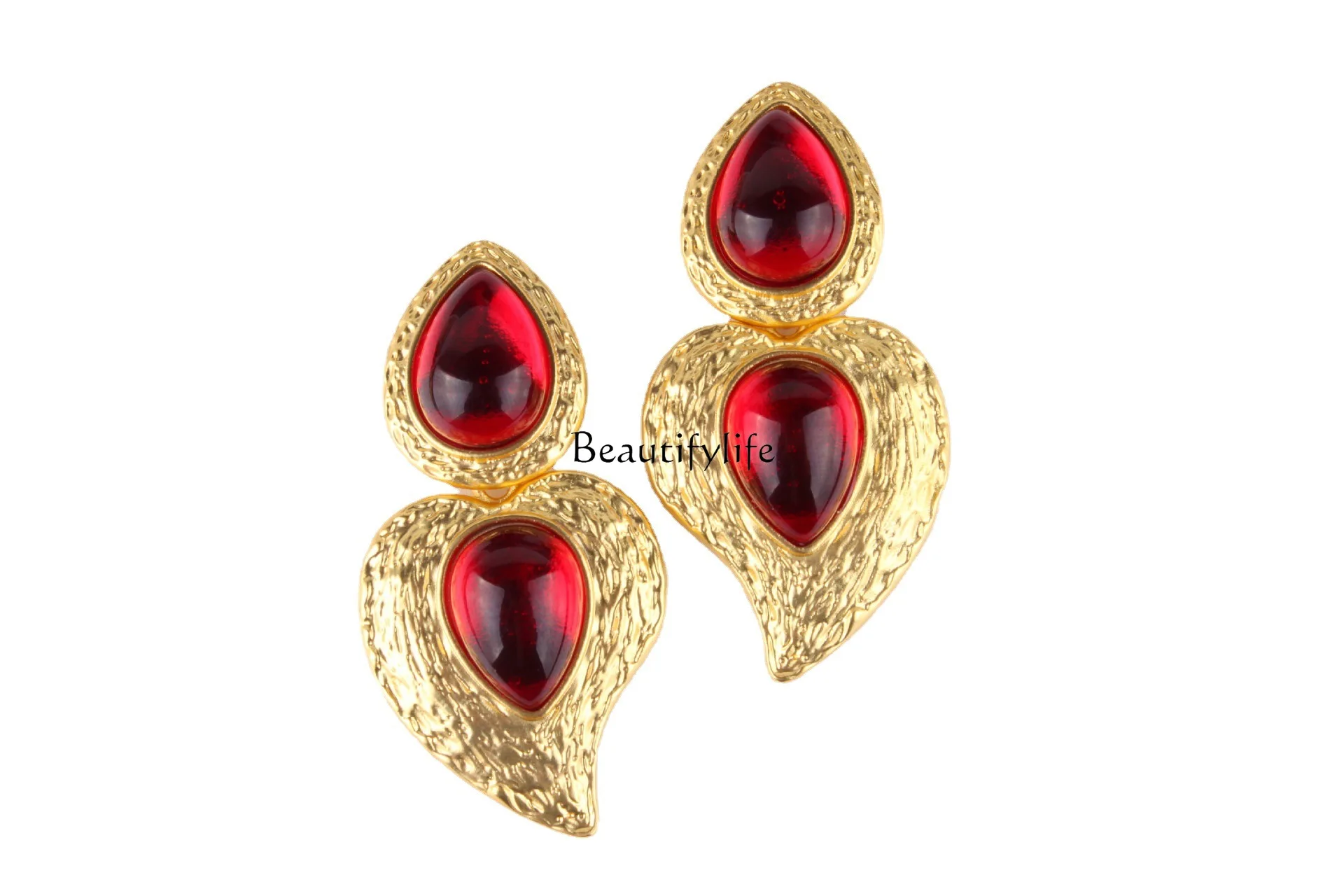 

Vintage French metal unique love earrings women's elegant temperament ruby inlaid pearl earrings