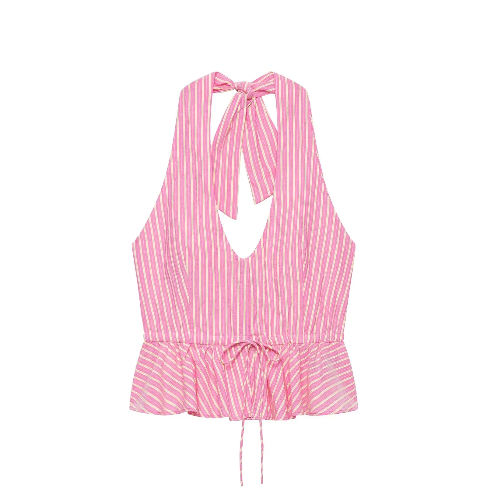 Willshela Women Fashion Pink Striped Bow Lace Up Backless Tank Tops Vintage Halter Neck Sleeveless Female Chic Lady Tops