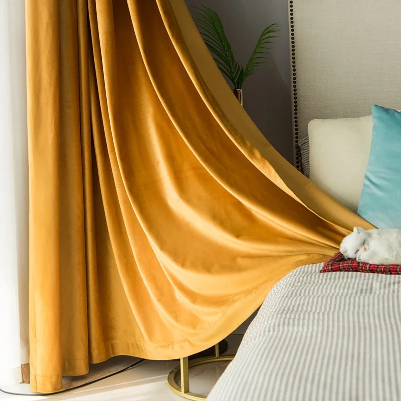 American Warm Yellow Velvet Curtains Living Room Bedroom Semi-blackout Velvet Curtains Modern Minimalist Tulle Customization