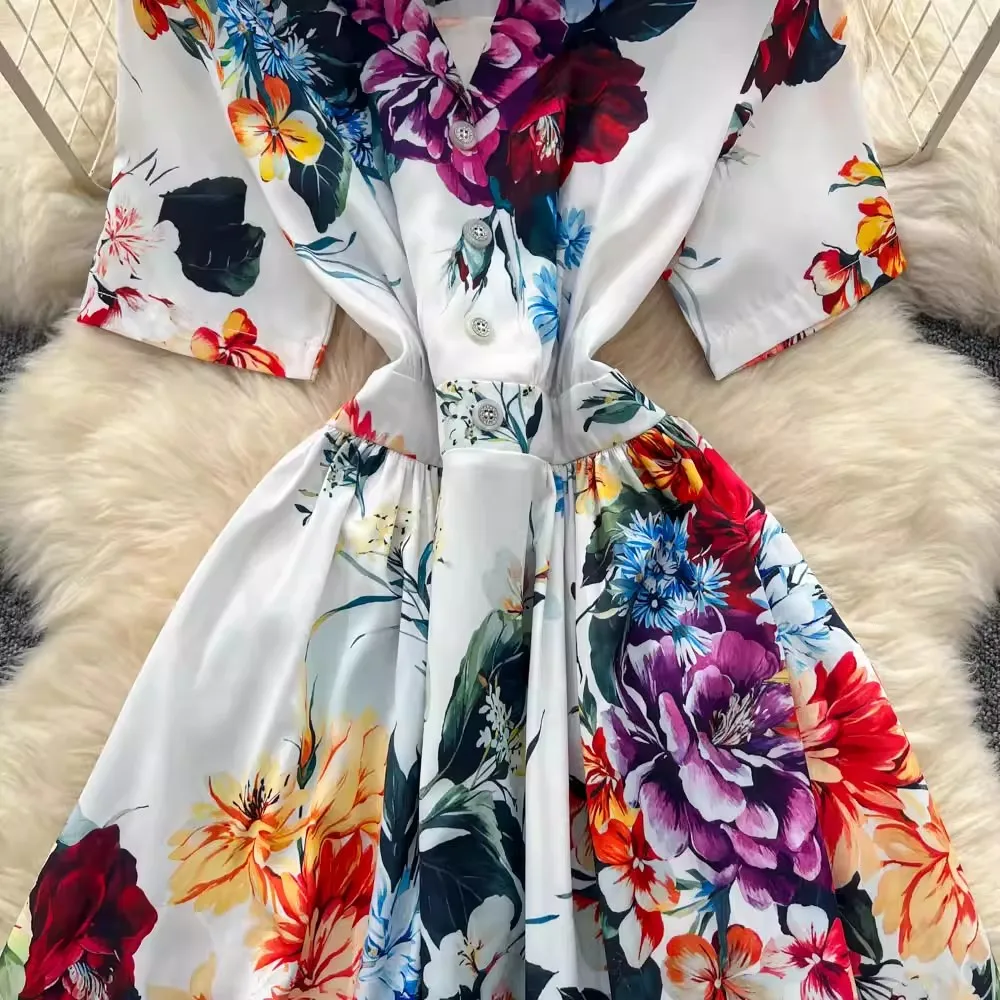 Summer Runway Holiday Flower Long Dresses Shirt Women's Turn Down Neck Short Sleeve Single Breasted Beach Party Vestidos