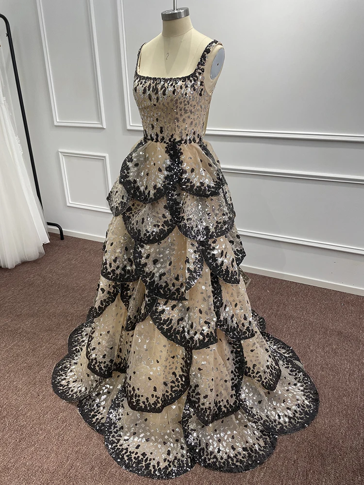 Robe de soirée noire à volants à plusieurs niveaux pour femmes, robe de Rhde Dubaï Arbic, paillettes élégantes, longue robe formelle de fête de mariage, photo réelle