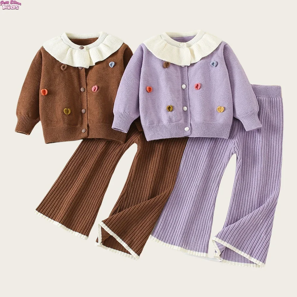 

Children's Clothing 2-6Y Kids Girls Knit 2Pcs Sets Ruffle Collar Cardigan and Wide-Leg Pants Heart Decor Cotton Sweater Outfit