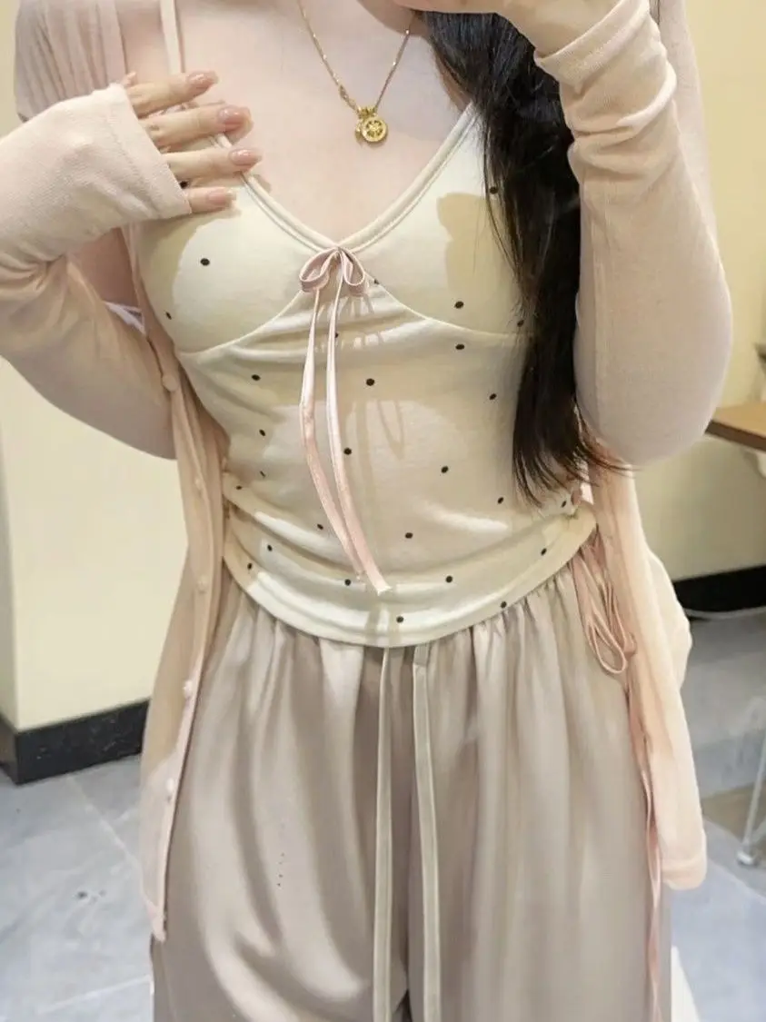 Sweet  Knot Strap Vest Women's Open Cardigan Two-Piece Set Slimming Sun Protection Top Polka Dot Short Length