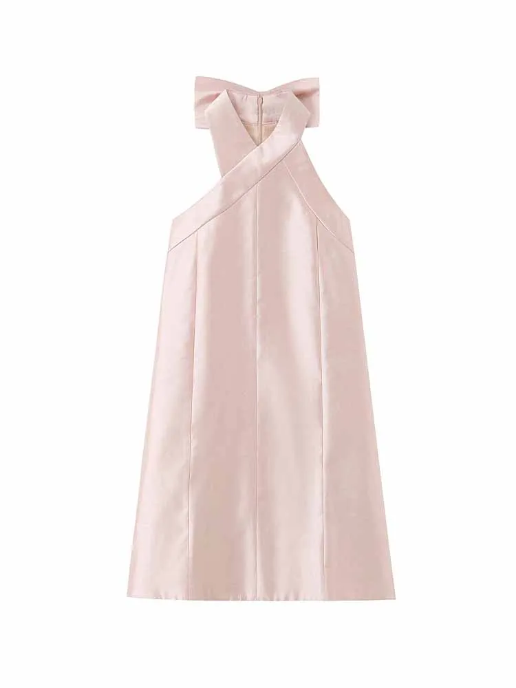 

HH New Woman Winter Fashion Sleeveless Halter Collar Sexy Elegant Satin Bow Decoration Dress Female Sweet Style Short Dress