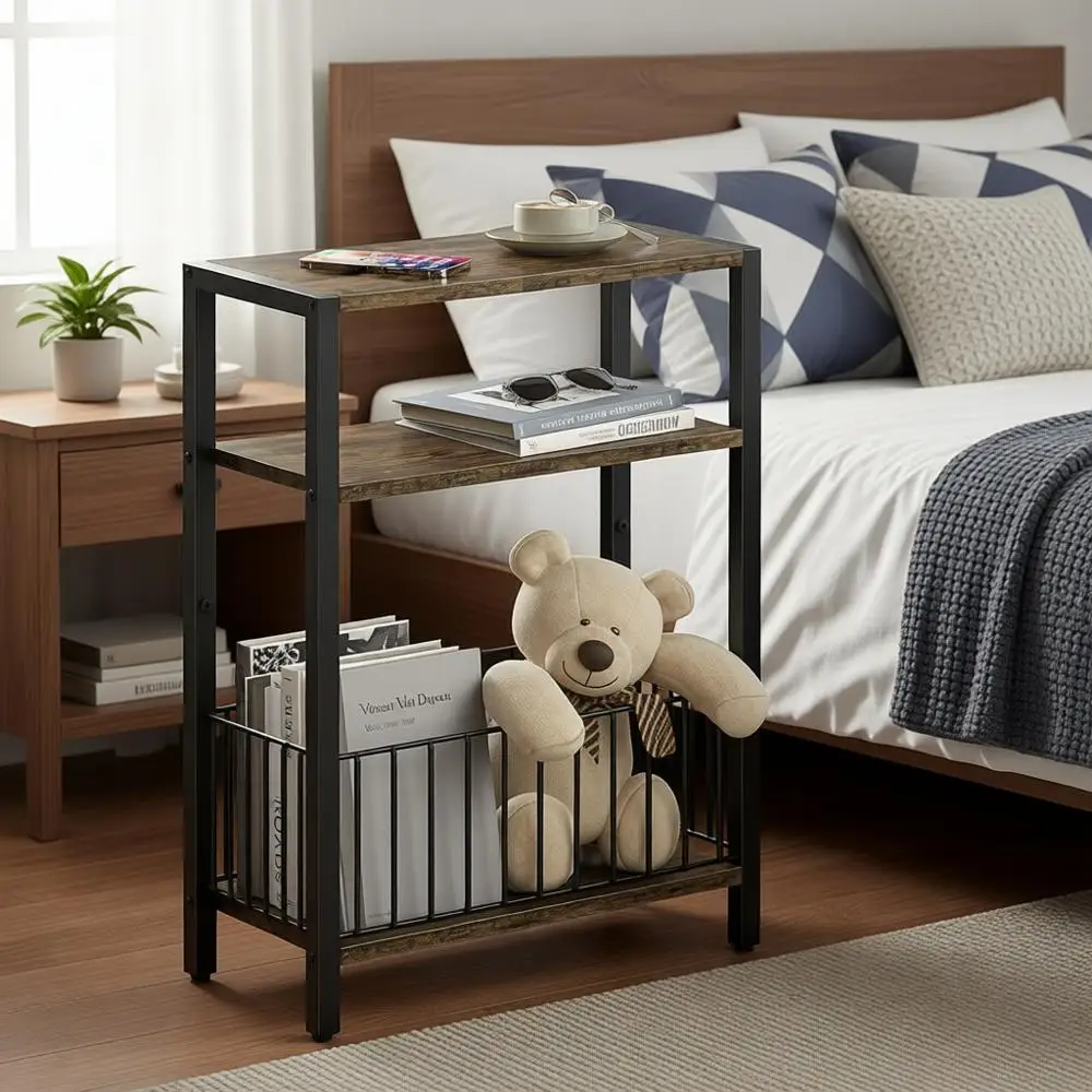 

Narrow Side Table with Storage Basket, Small End Table for Small Spaces, Skinny Side Tables for Living Room Bedroom, Slim Nights