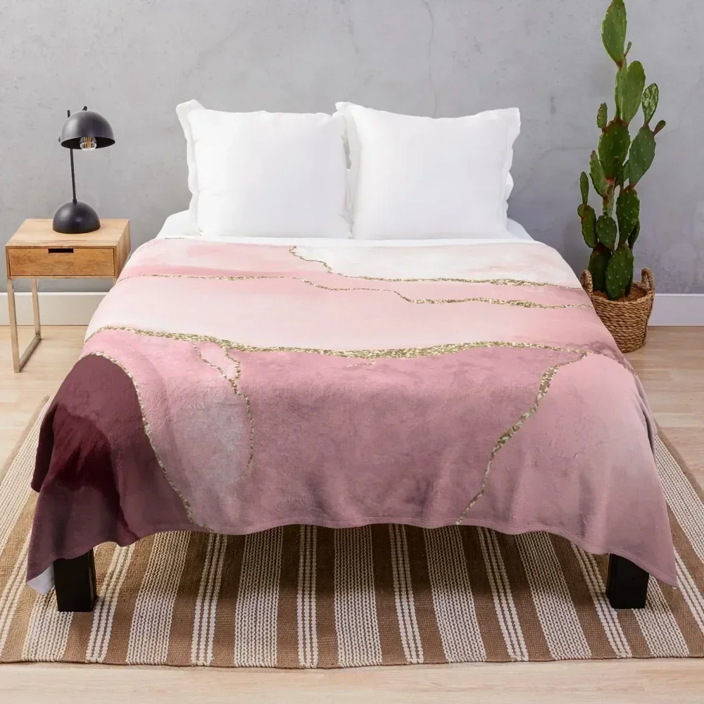 

Watercolor Agate, Blush Pink Burgundy Faux Gold Veins Throw Blanket Extra Large Throw Bed Fashionable Soft Plaid Blankets