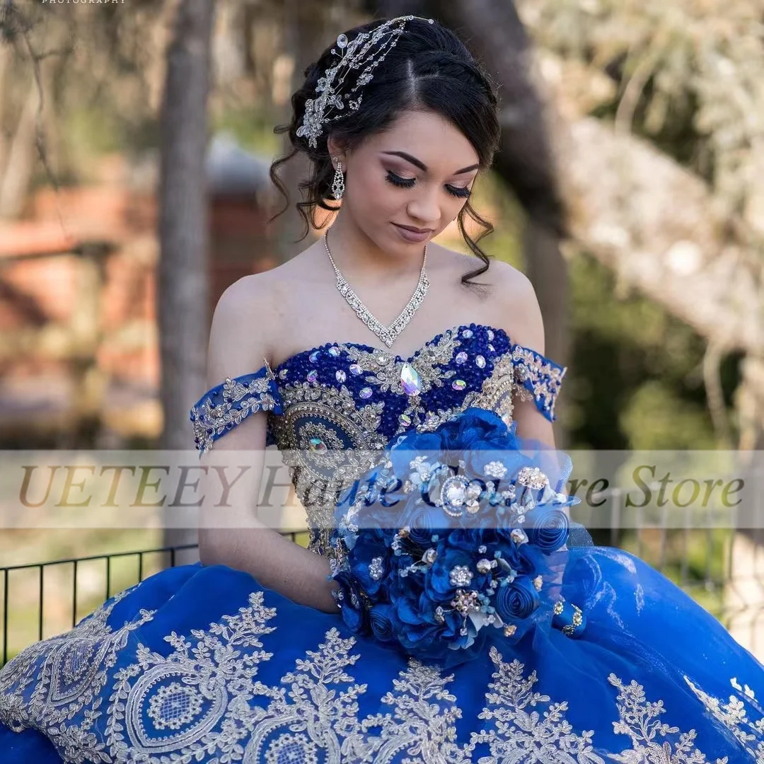 Роскошные синие платья Quinceanera по индивидуальному заказу, 15-летние кружевные бальные платья длиной до пола с бисером и блестками, вечерние бальные платья