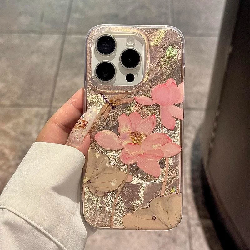 Lotus Dragonfly Phone Case For iPhone 16 15 14 13 12 11 Mini Pro Max X XR XSMax 7 8 Plus Glacier Pattern Shockproof Soft Cover