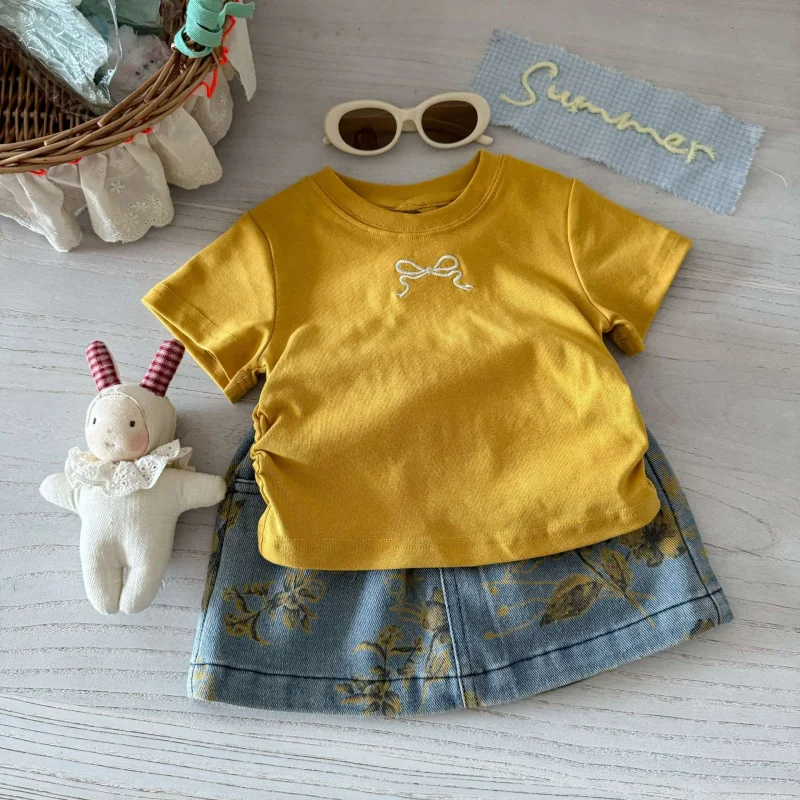 

Girls' Summer Outfit New Children's Short SleeveTTrendy Denim Skirt Two-Piece Set