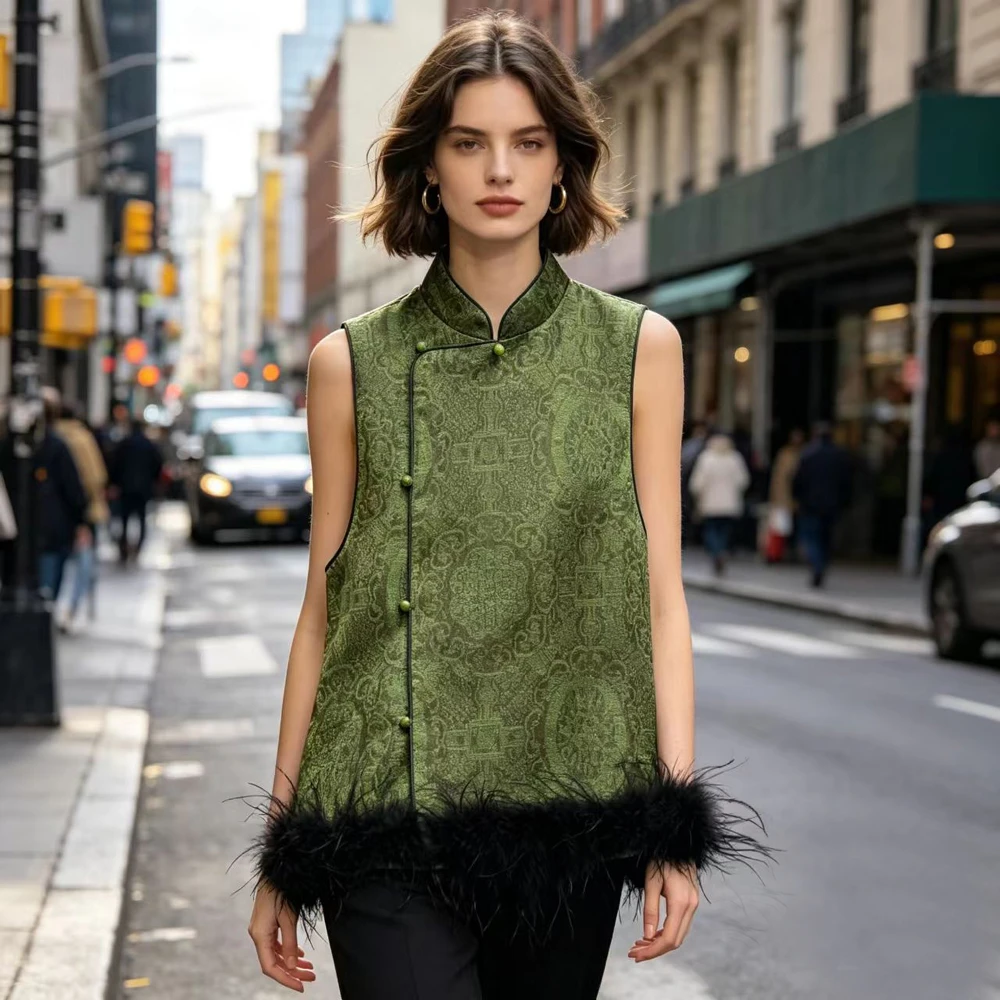 

Новый женский жилет в китайском стиле с жаккардовым узором из перьев, сексуальный топ-ципао без рукавов, традиционный воротник-мандарин, одежда в стиле тан, жилетка