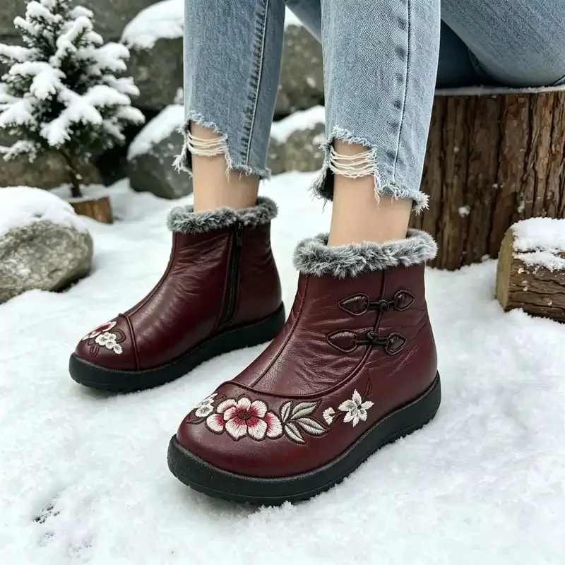 Women Mid-Calf Snow Boots Ethnic Floral Embroidery Faux Leather Padded Lining Warm Non Slip Platform Comfortable Winter Boots