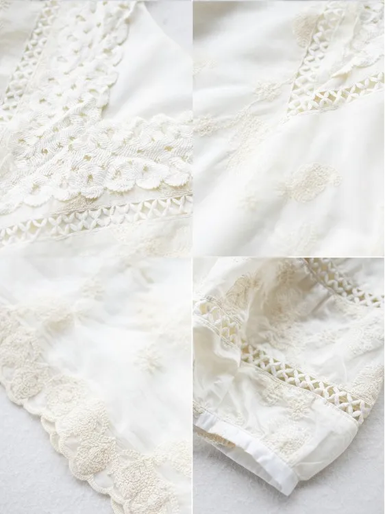 

Ele V-Ne Hollow out ort Sve Chiffon irt Women's Faion Heavy-Weight Splicing White Top Summer New Sle
