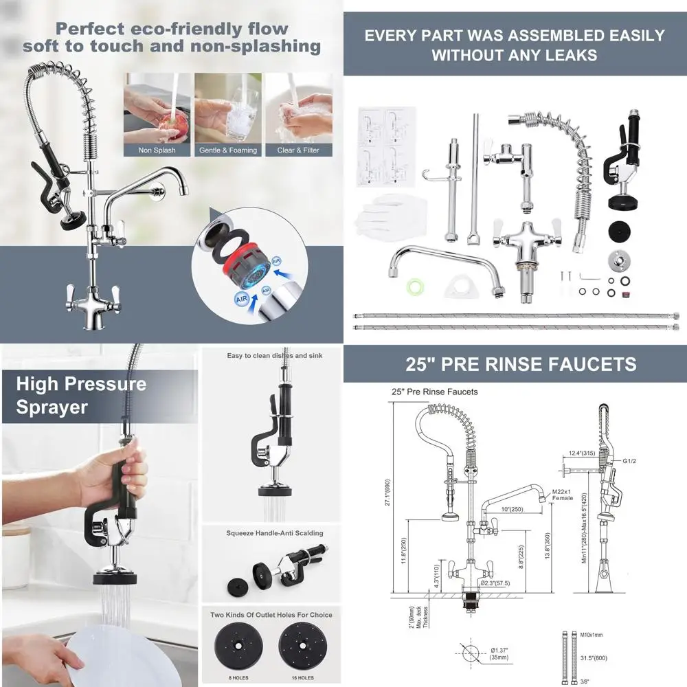 

27 Deck Mount Commercial Kitchen Faucet with Pre-Rinse Sprayer and 10 Swing Nozzle Spout for Restaurant and Hotel Use