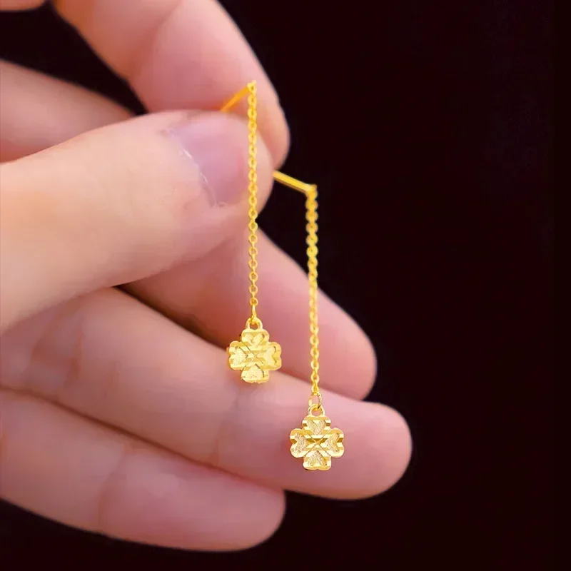 

9999 Real Gold 24K Japanese and Korean Four-leaf Earline Pendant, Pure Gold Small Fresh Lucky Grass Earline, Female