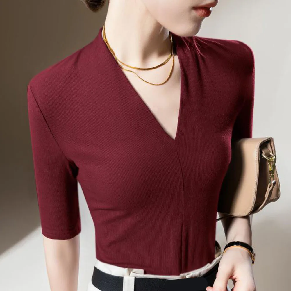 Camiseta feminina casual com decote em v 95 poliéster 5 elastano manga média cor sólida cabida silhueta confortável pulôver feminino topo
