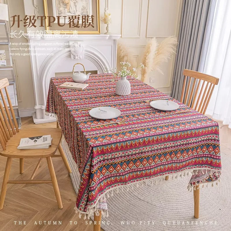 Ethnic Bohemian Table Cover, Cotton Linen Printed Waterproof Oilproof Decor for Dining & Coffee Table
