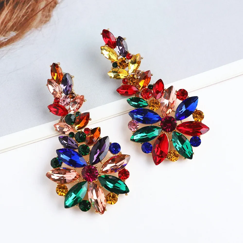 Fashion Elegant Geometric Flower Rhinestone Dangle Earrings For Women Bohemian Luxury Pendant Vintage Shiny Statement Jewelry