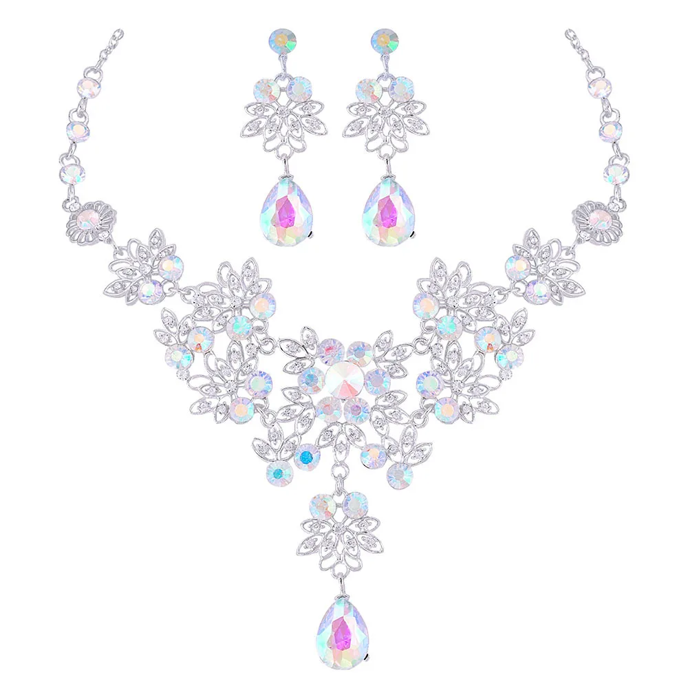 KMVEXO Luxury Crystal AB Rhinestone Jewelry Set for Women Girl Flower Choker Necklace Earrings Set Wedding Dress Costume Jewelry