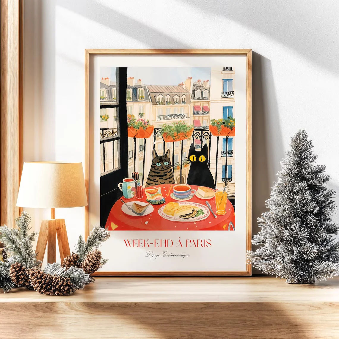 Weekend in Paris Cats Art Print – French Cafe Wall Art, Whimsical Watercolor Illustration, Cat Lover Gift, Cozy Kitchen Decor