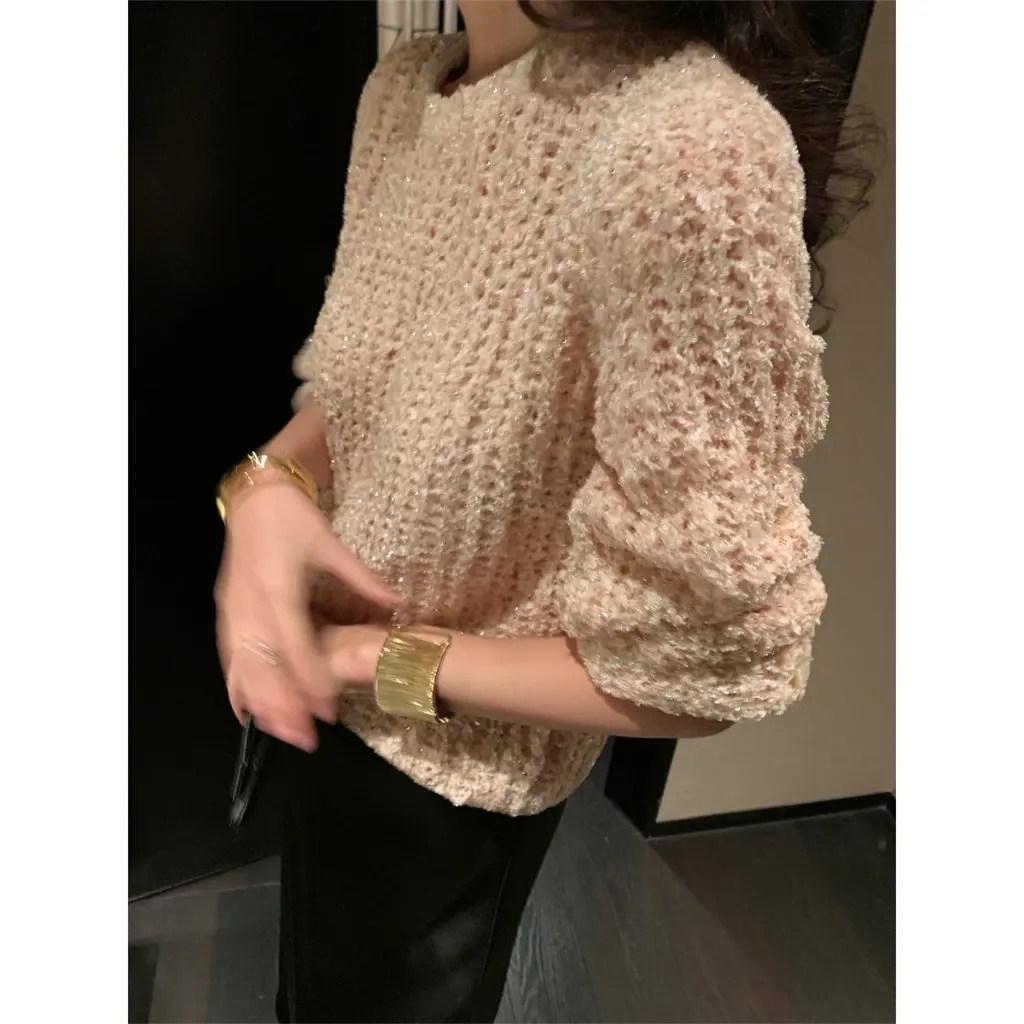 

Hong Kong Rice Clothing Early Spring Gold Toothbrush Gauze Top Women's Fashion Inner Wear Cut out Thick Needle Style