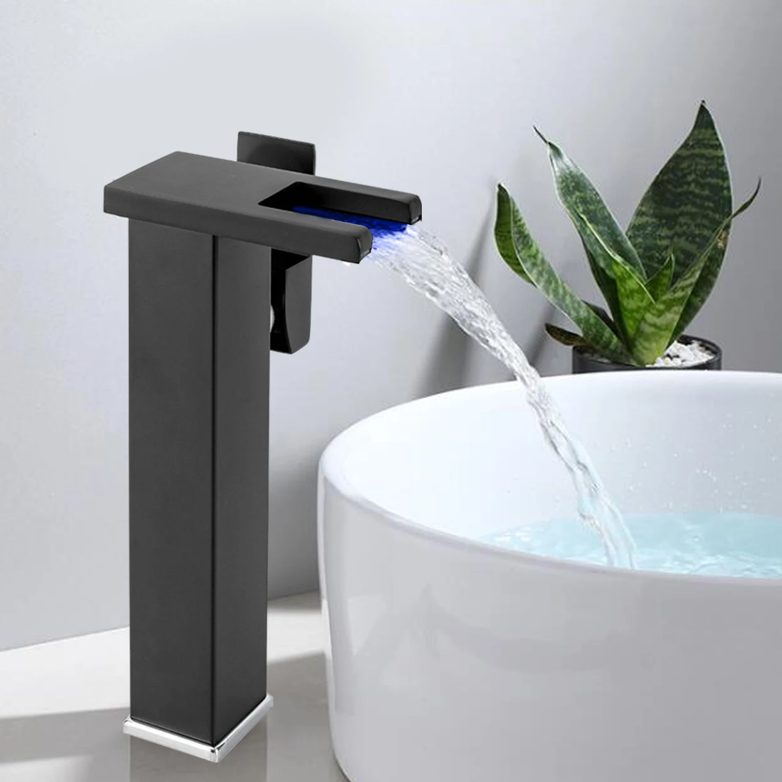 

Black Bathroom Vessel Faucet Led Light 3 Color Changing Waterfall Single Handle One Hole Bowl Sink Faucet Vanity Lavatory Deck