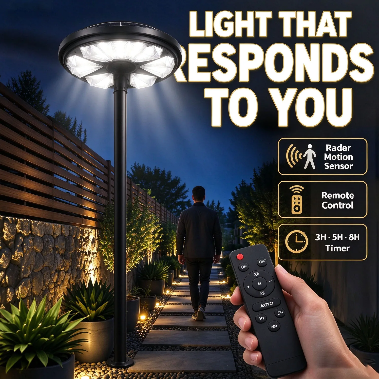 Solar Powered Outdoor UFO Post Light LED Solar Garden Street Light IP65 Waterproof Adjustable Height Pole Remote Control Timer Motion Sensor Auto Dusk to Dawn Lamp for Villa Yard Lawn Walkway