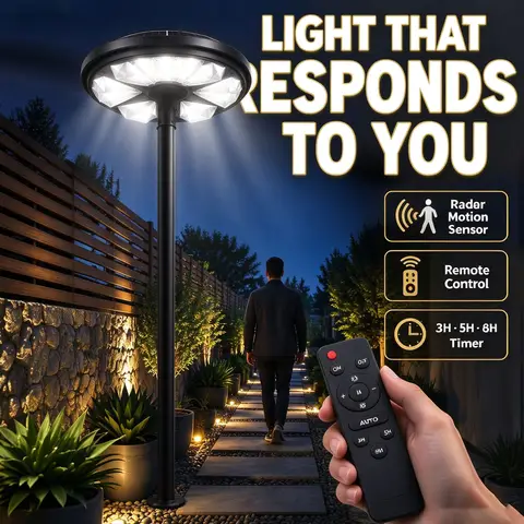 Solar Powered Outdoor UFO Post Light LED Solar Garden Street Light IP65 Waterproof Adjustable Height Pole Remote Control Timer Motion Sensor Auto Dusk to Dawn Lamp for Villa Yard Lawn Walkway