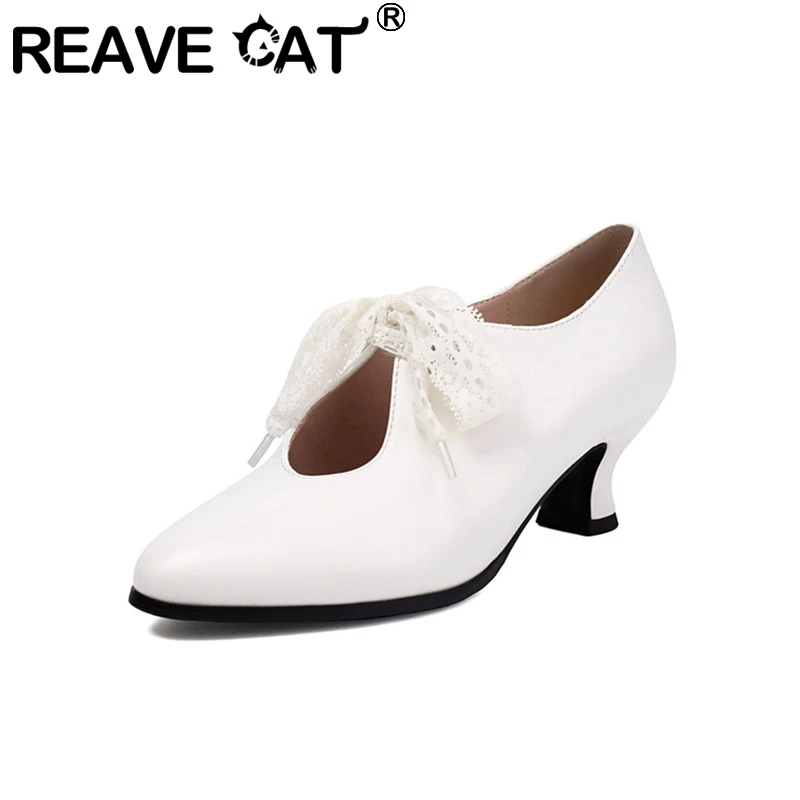 

REAVE CAT New Cutout Spring Mature Women Pumps Round Toe Small Heels 3cm Lace Up Strap Large Size 42 43 US12 Shoes Black White