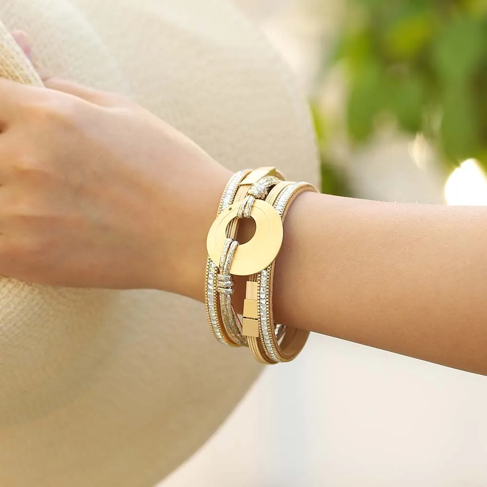 Amorcome Trendy Gold Color Round Metal Charm Bracelets Square Rhinestones Multilayer Wrap Bracelet Leather Jewelry for Women