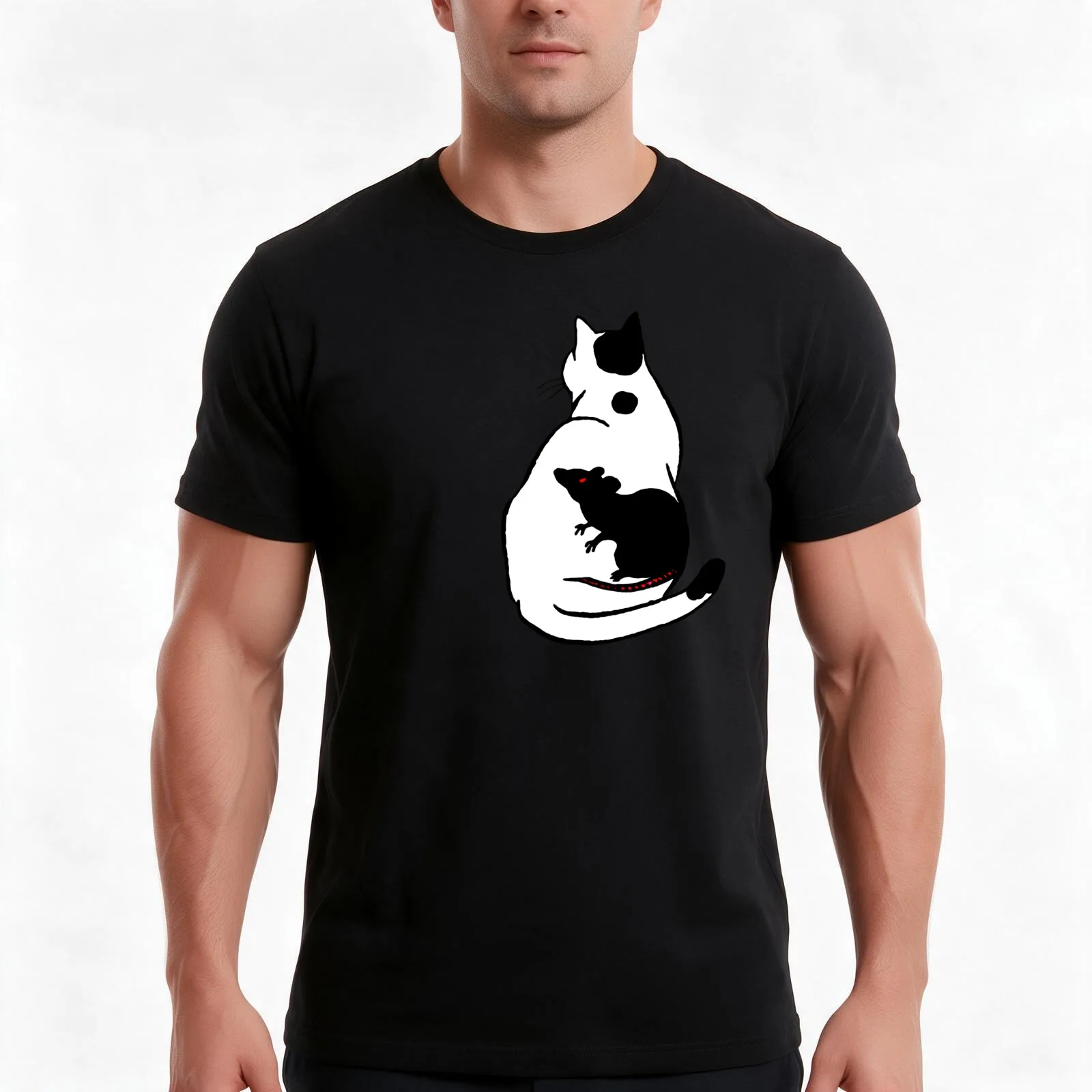 Antique Japanese Woodblock Print Cat with Rat Tattoo T-Shirt, Summer Casual Cotton Tee, Oversized Streetwear Tops, 100% Cotton