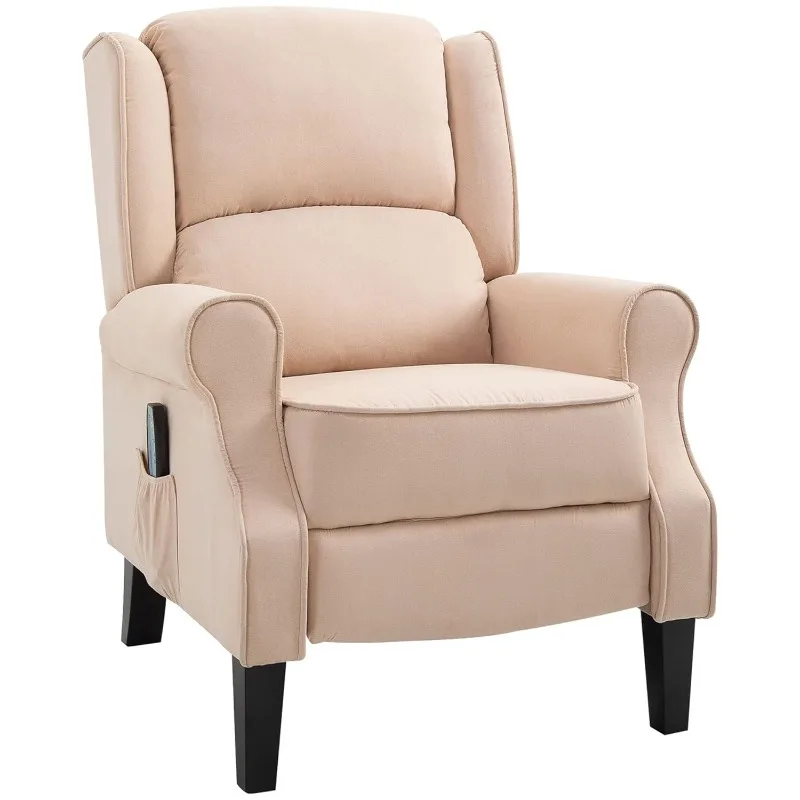 Vibration Massage Recliner Chair with Heat, Wingback Single Sofa, Suede Fabric with Footrest, Side Pocket, Beige