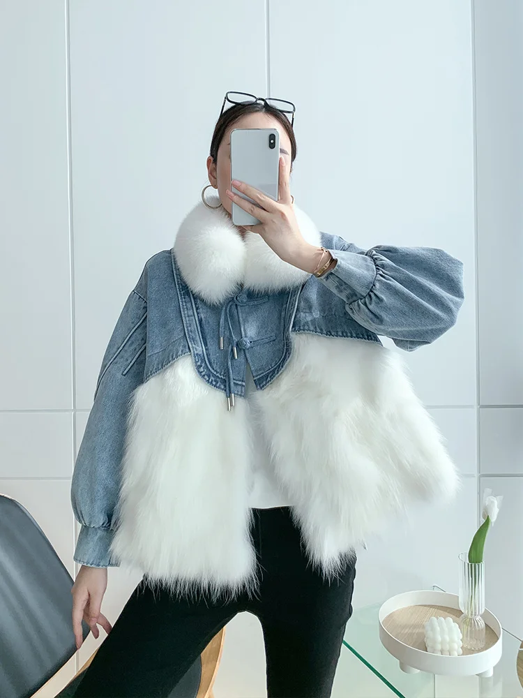 2023 Ins Women's Winter Jackets Real Fox Fur Patchwork Raccoon Fur Denim Coat Genuine Real Fur Coat Woman Parkas Thick Warm Fur