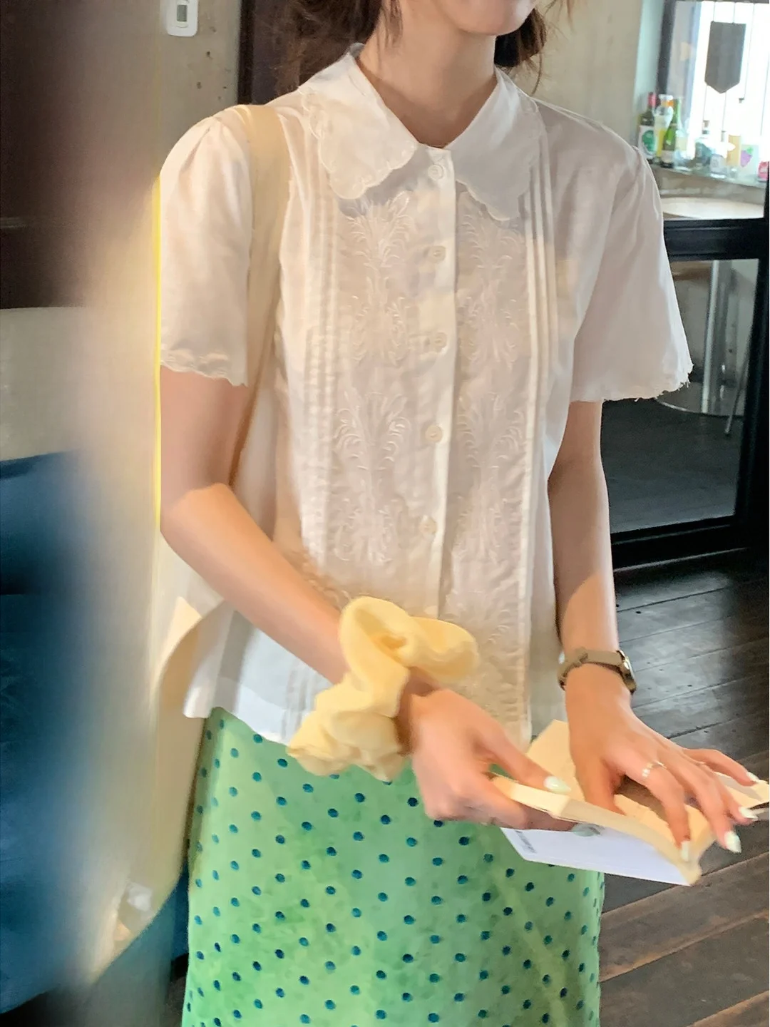 

Sweet Style Embroidered Short Sleeve Shirt Women's Slim Fit Floral Collar Top Korean Fashion Casual Cotton Blend Youthful