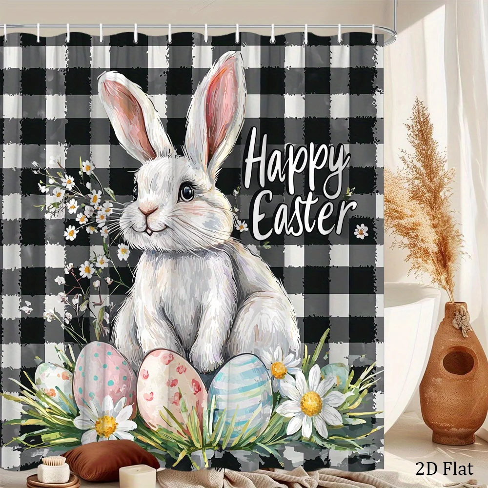1pc Easter Bunny with Polka Dot Eggs Shower Curtain Featuring a Fluffy White Rabbit Sitting Amidst Colorful Easter Eggs in , , a