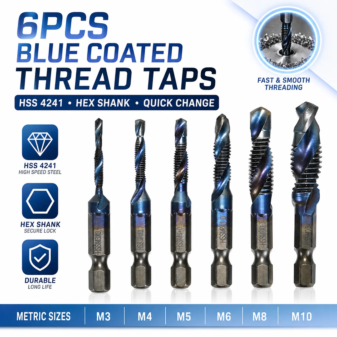 6 Pieces HSS Tap Drill Bit Set M3-M10 Combination Drill & Taps Bits Hex Shank Blue Coated Spiral Screw Thread Tapping Tools