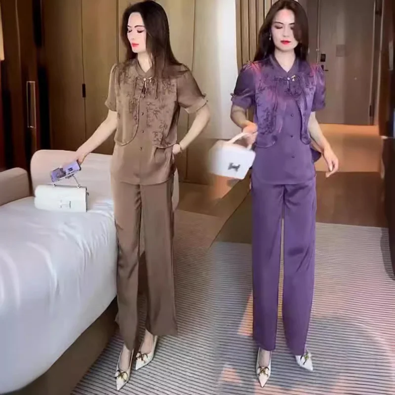 

New Chinese Style Fashion Suit Women's Summer New Elegant Slimming Printed Short-Sleeved Shirt Wide-Leg Pants Two-Piece Set