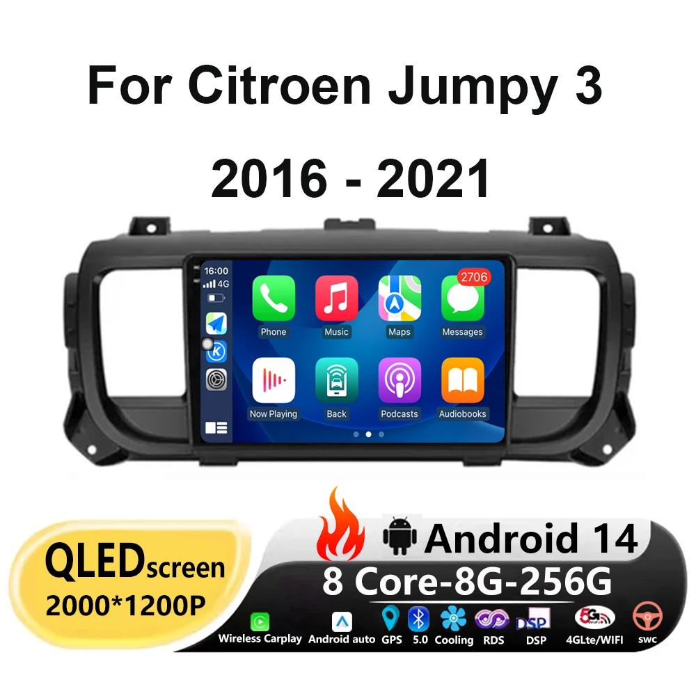 

Автомагнитола для Citroen Jumpy 3 2016 - 2021 Android 14 Carplay Автомобильный мультимедийный стерео видеоплеер GPS навигация DSP BT 4G WIFI