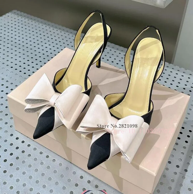 

Mixed Color Bow Knot Pointed Toe Stiletto High Heels Women Pumps Crystal Silk Slip On Evening Shoes 9.5Cm Heeled Prom Shoes