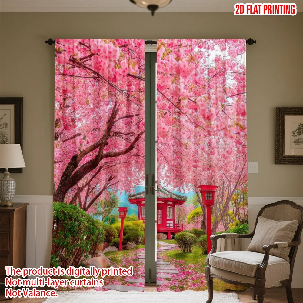 

2D flat printing 2pcs Curtains Cherry Blossom Garden Pathway(1) Digital Printed Polyester Drapes Party Decorations for Event